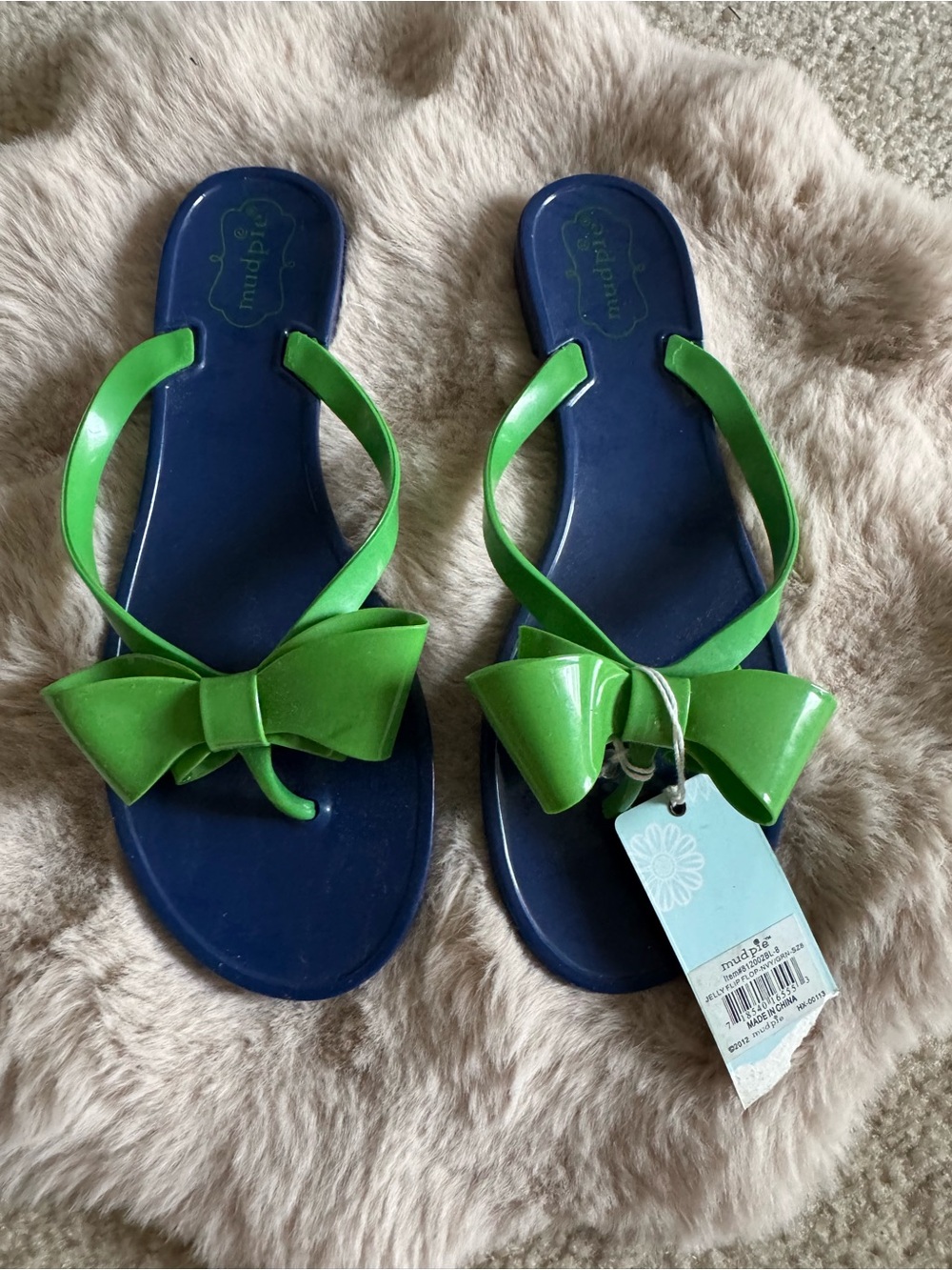 Mud Pie Navy and Bright Green Bow Jelly Flip Flops